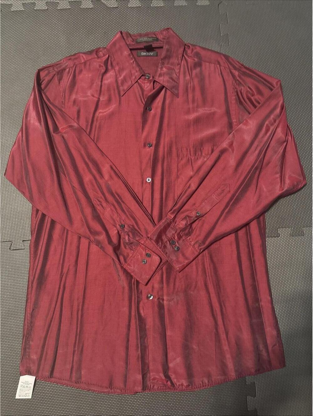 DKNY Men's Collared Long Sleeve 100% Rayon Casual Button Down Shirt Red Size L